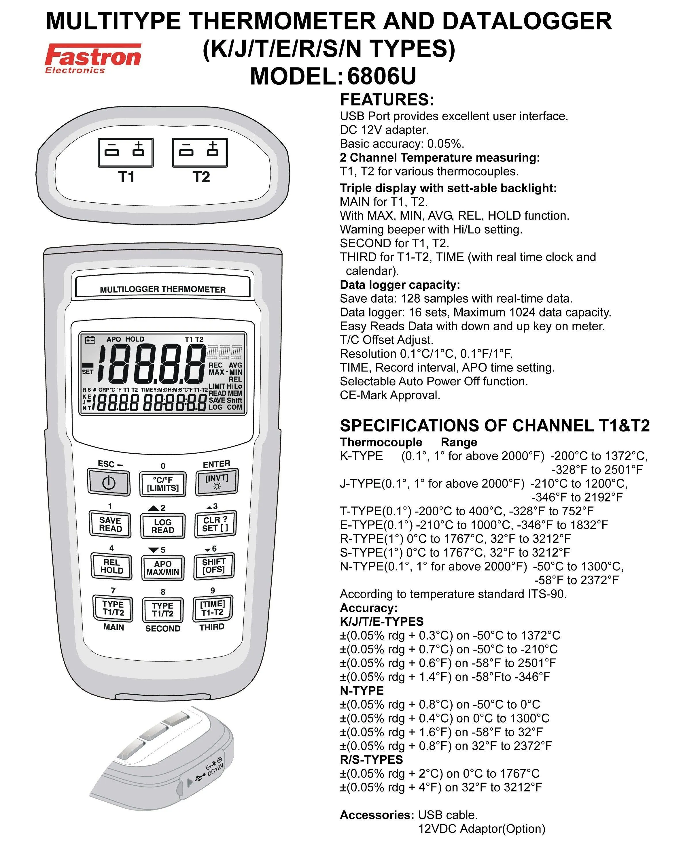 6806U USB Battery Powered Dual Thermocouple Input Temperature Logger