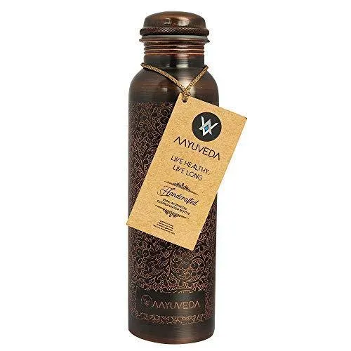 AAYUVEDA® Handcrafted Antique Design 100% Pure Copper Water Bottle, 1 Litre