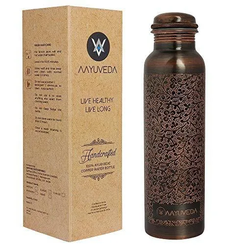 AAYUVEDA® Handcrafted Antique Design 100% Pure Copper Water Bottle, 1 Litre