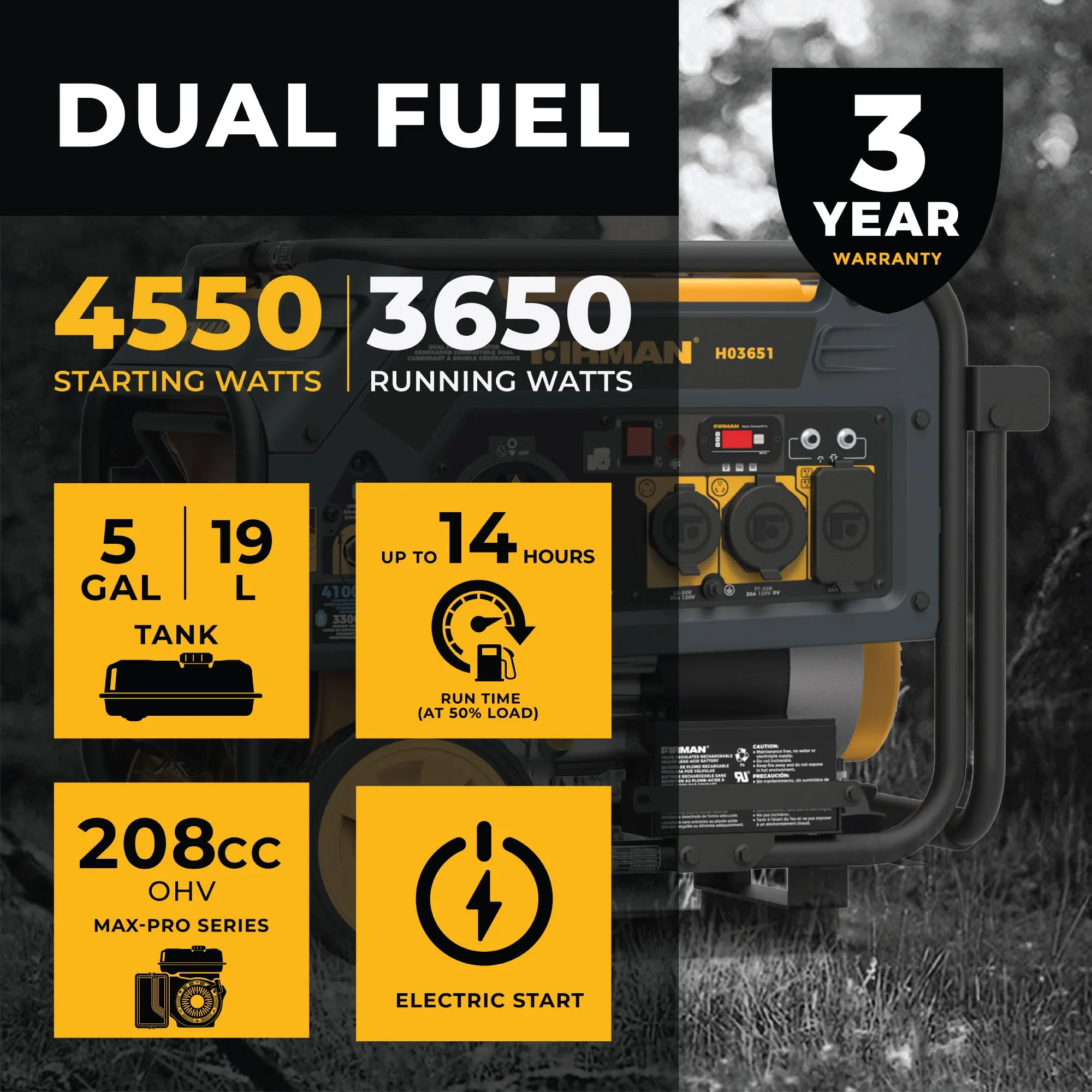 Dual Fuel 4550W Portable Generator Electric Start 120V