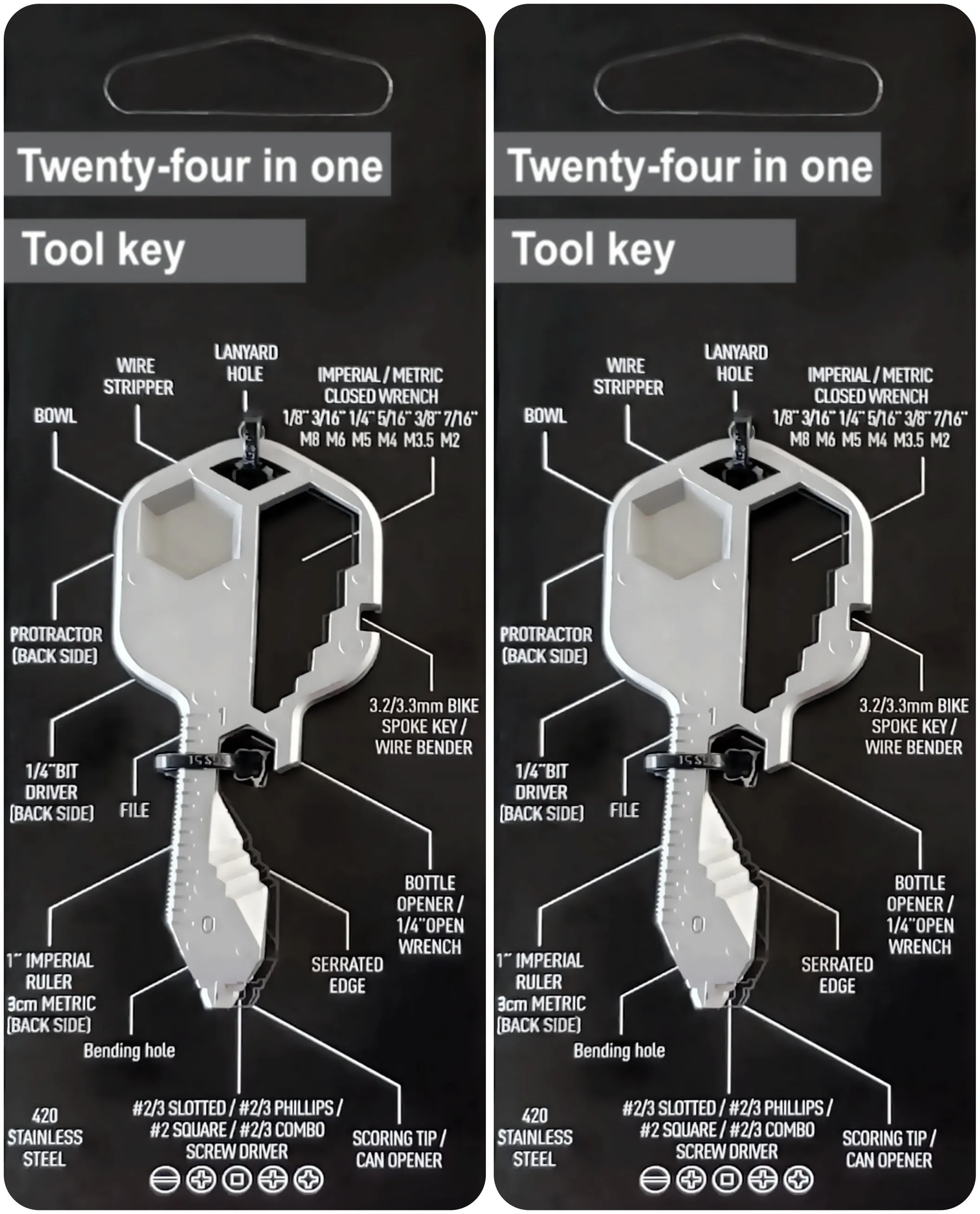 Twin Pack = 2 x 24 - 1 Key Ring Multi Purpose Tools Key Stainless Steel