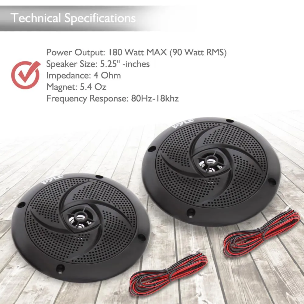 Waterproof Rated Marine Speakers, Low-Profile Slim Style Speaker Pair, 5.25''-Inch (180 Watt)