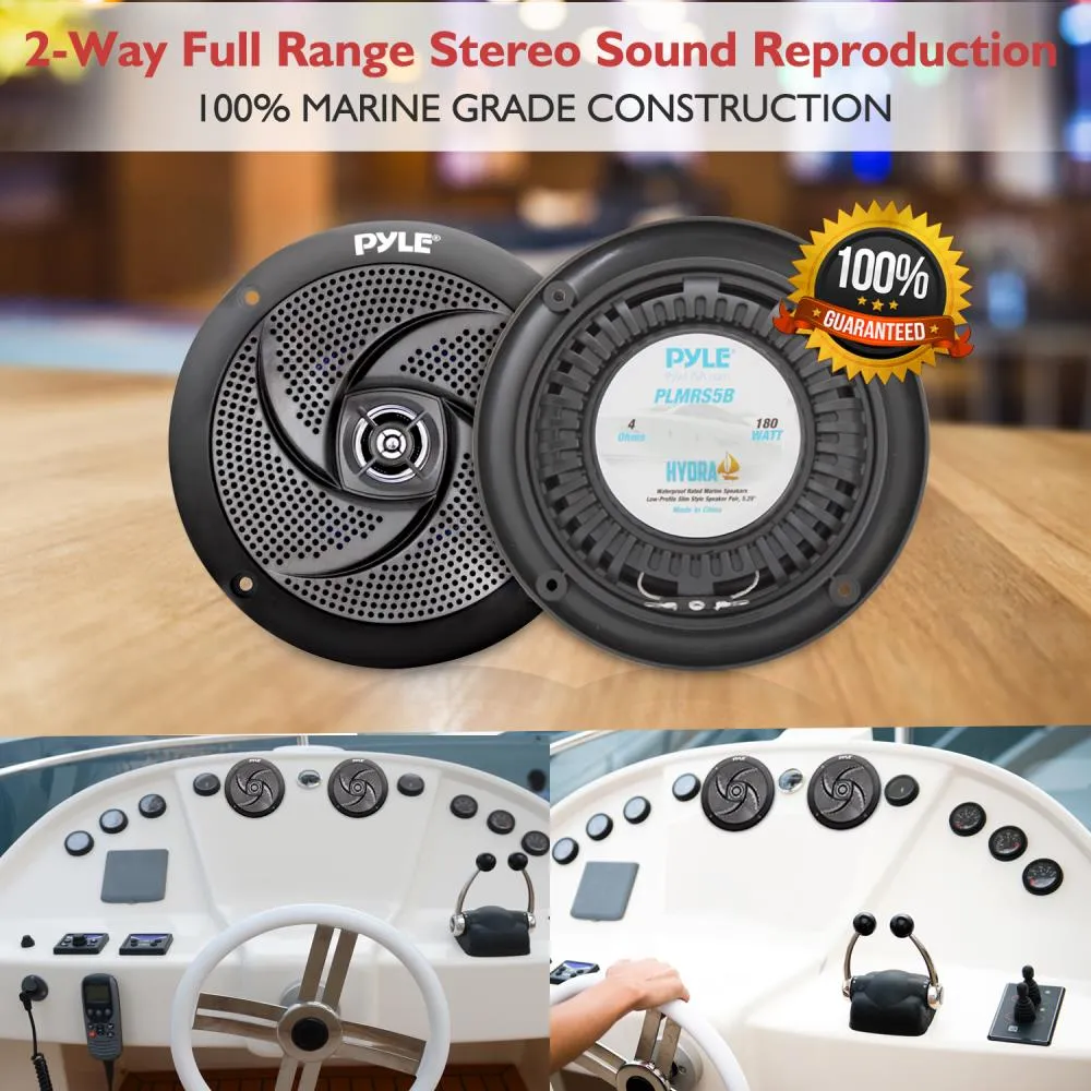 Waterproof Rated Marine Speakers, Low-Profile Slim Style Speaker Pair, 5.25''-Inch (180 Watt)